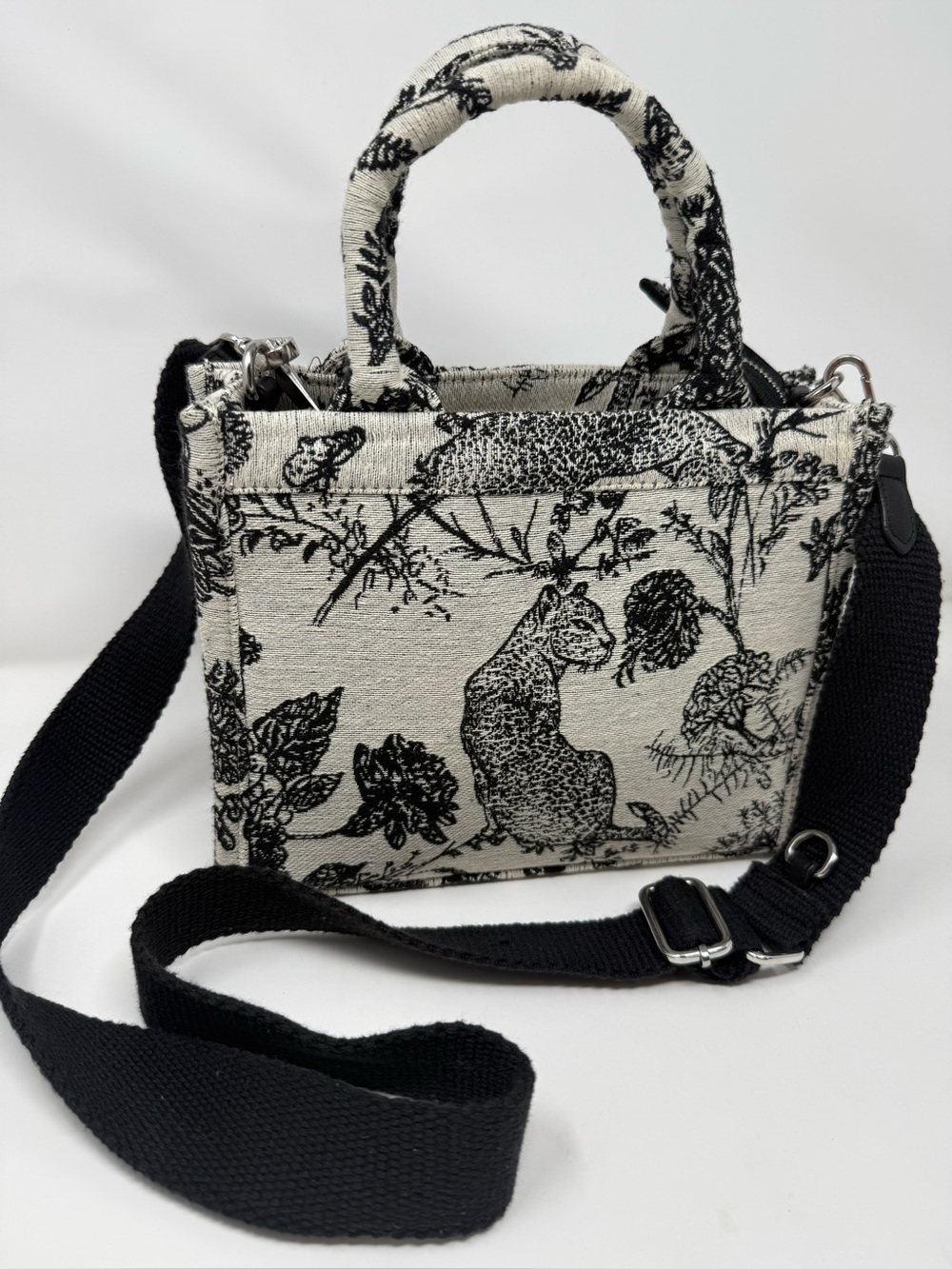 Black & Cream Printed Mini Tote Crossbody Bag with Detachable Strap